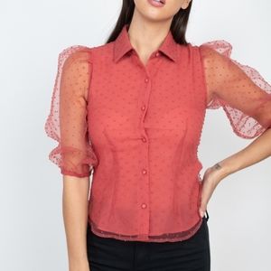 Contrast mesh button down top